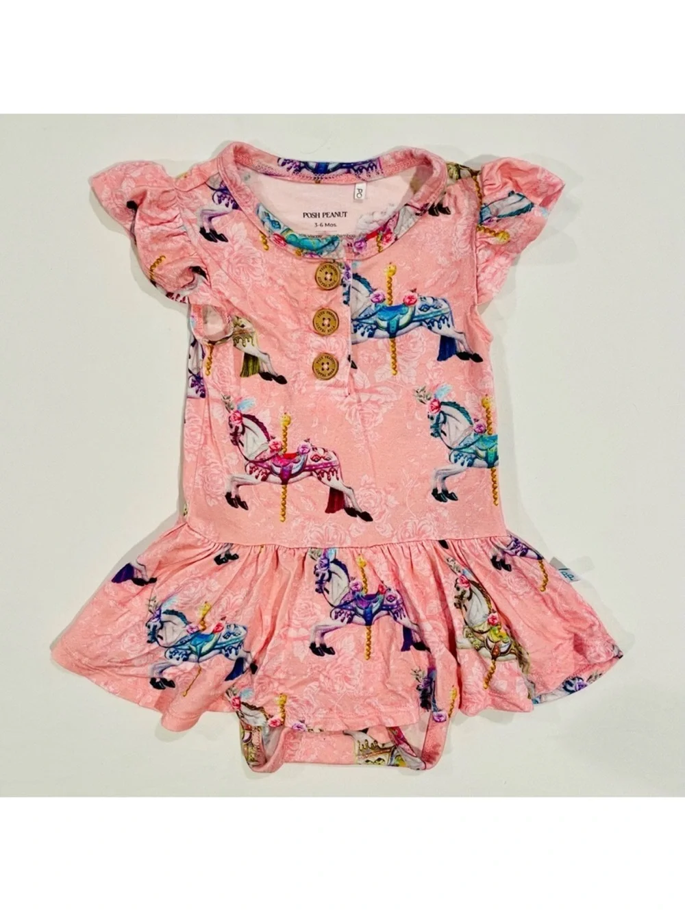 Posh Peanut Twirl Skirt Bodysuit Girls 3-6M Claudine Bamboo Carousel Horses Pink